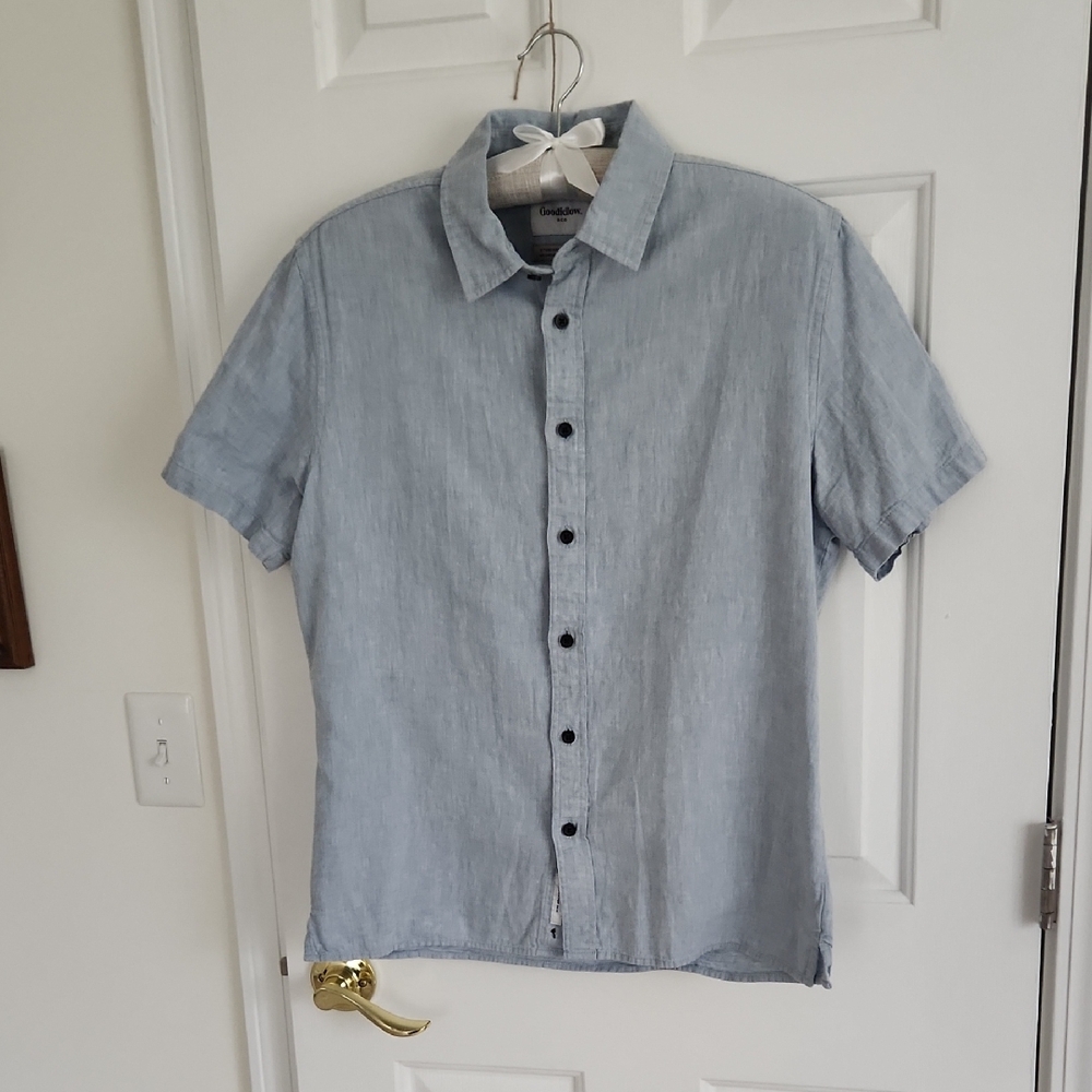 Short Sleeve Linen/Cotton Blue Button Up Men Shirt